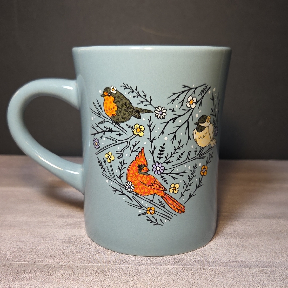 Life is Good Cute Winter Bird Heart Diner Mug, Smoky Blue NWT